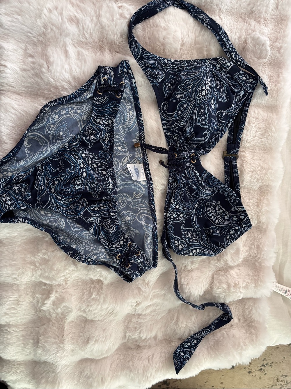 Lands' End Navy, Light Blue and White Paisley Swim Top with Lace Trim - Picture 2 of 6
